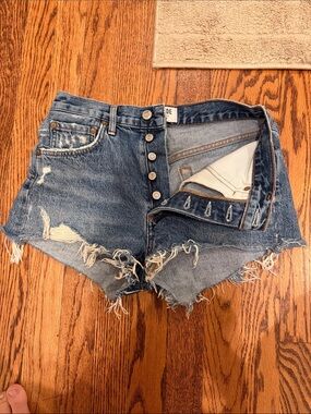 Distressed High-Waist Denim Shorts - Blue